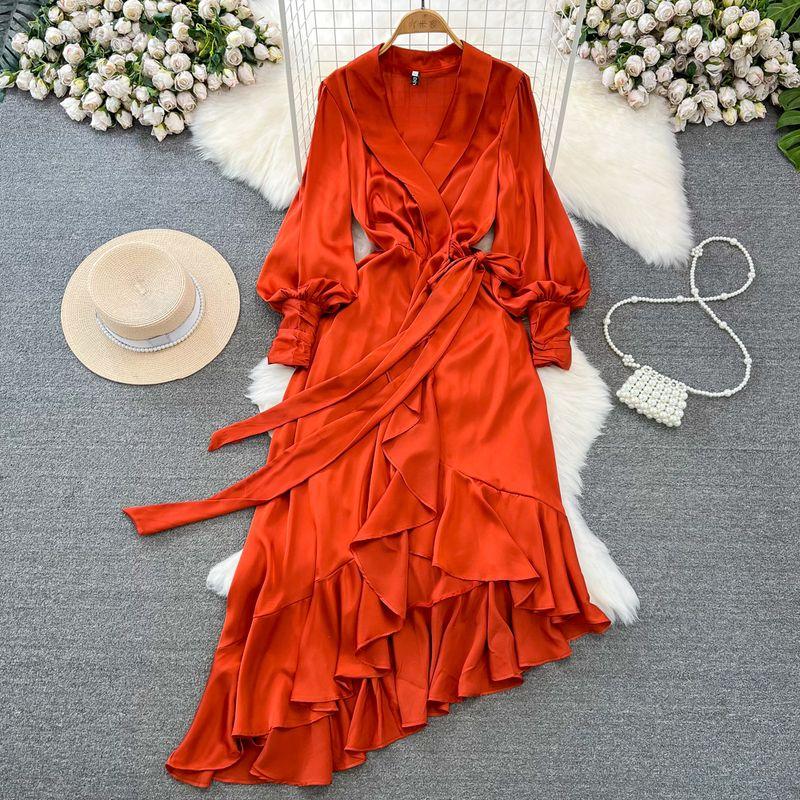 

Lantern Long Sleeve V Neck A- line Ruffles Elegance Dress Orange L