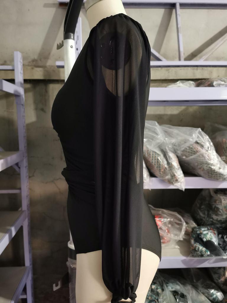 European & American Women's Sexy Gathered Long Sleeve One-Piece Print Swimsuit