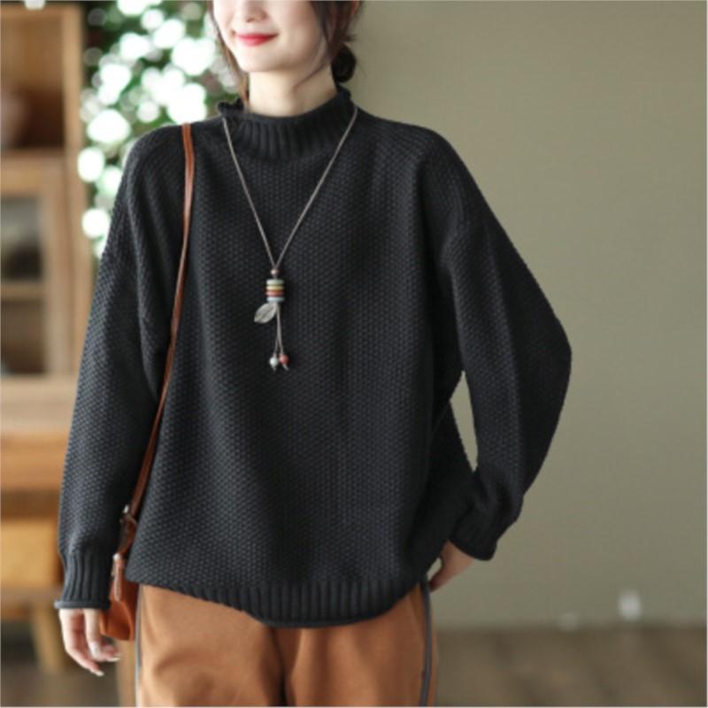 

Johnature женские винтажные пуловеры с высоким воротником, свитера, однотонные лоскутные осенние женские повседневные свитера с длинными рукавами One Size чёрный