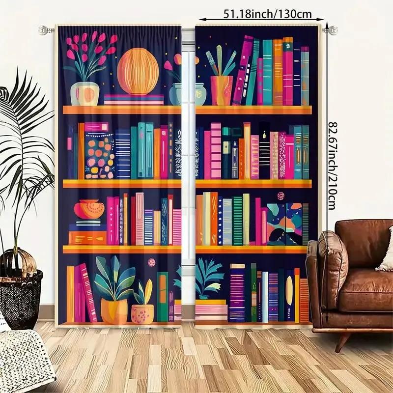Set Of 2 Jit Colorful Bookshelf Pattern Curtains Design Polyester Curtain Home Decor Window Living Room Darkening With Rod Pocket