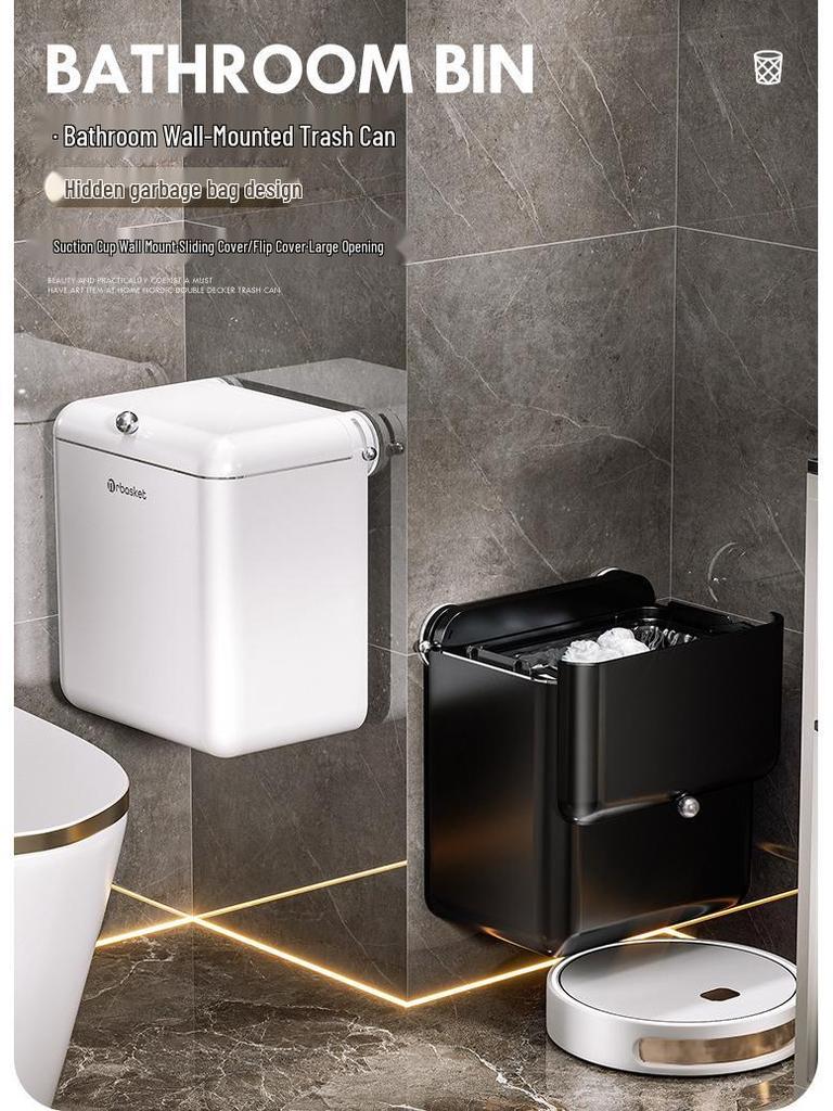Wall-Mounted Suction Cup Trash Can with Lid – Large, Stylish Bathroom and Living Room Waste Basket