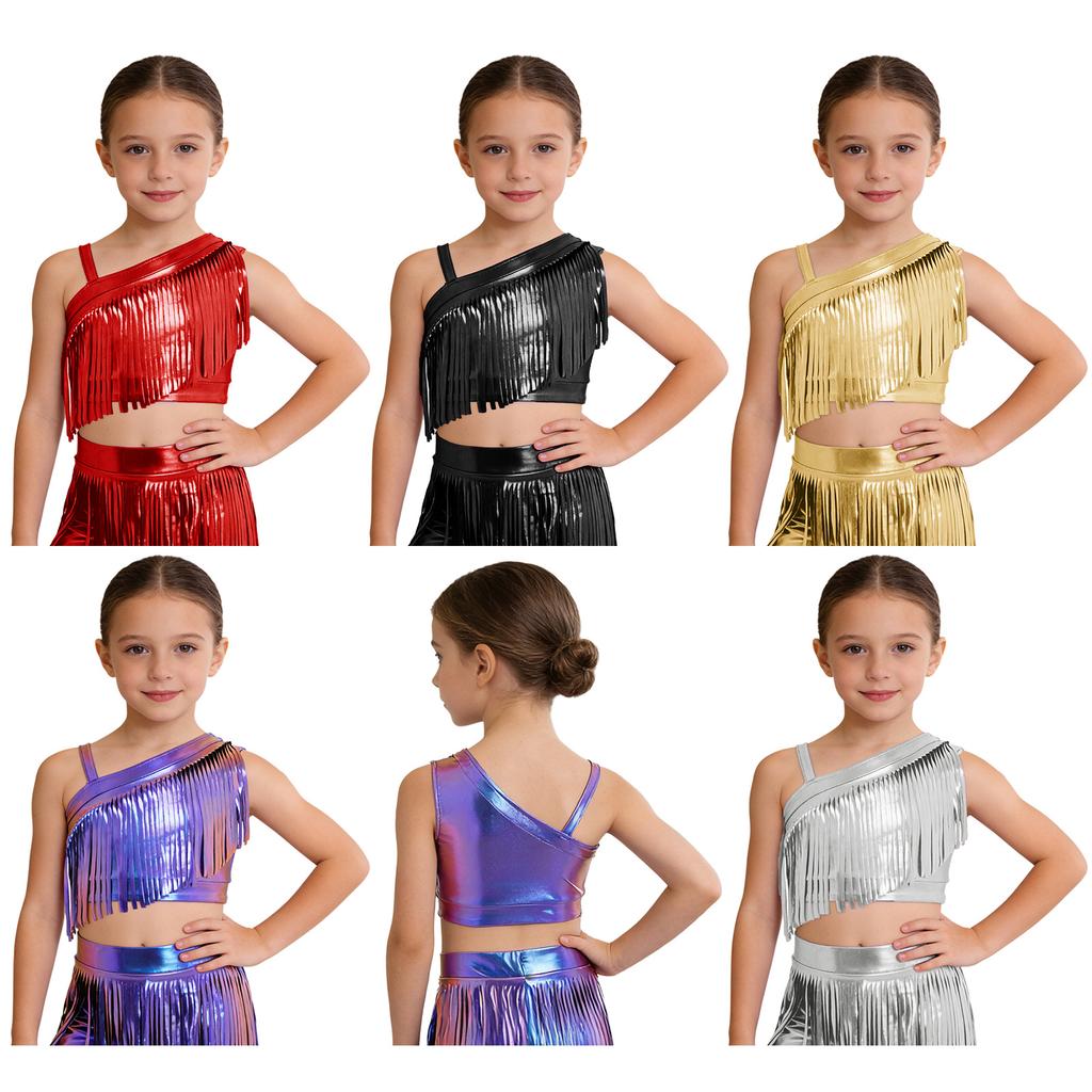 Mädchen Jazz Dance Crop Top Asymmetrische Schulter Metallische Quasten Tanzbekleidung