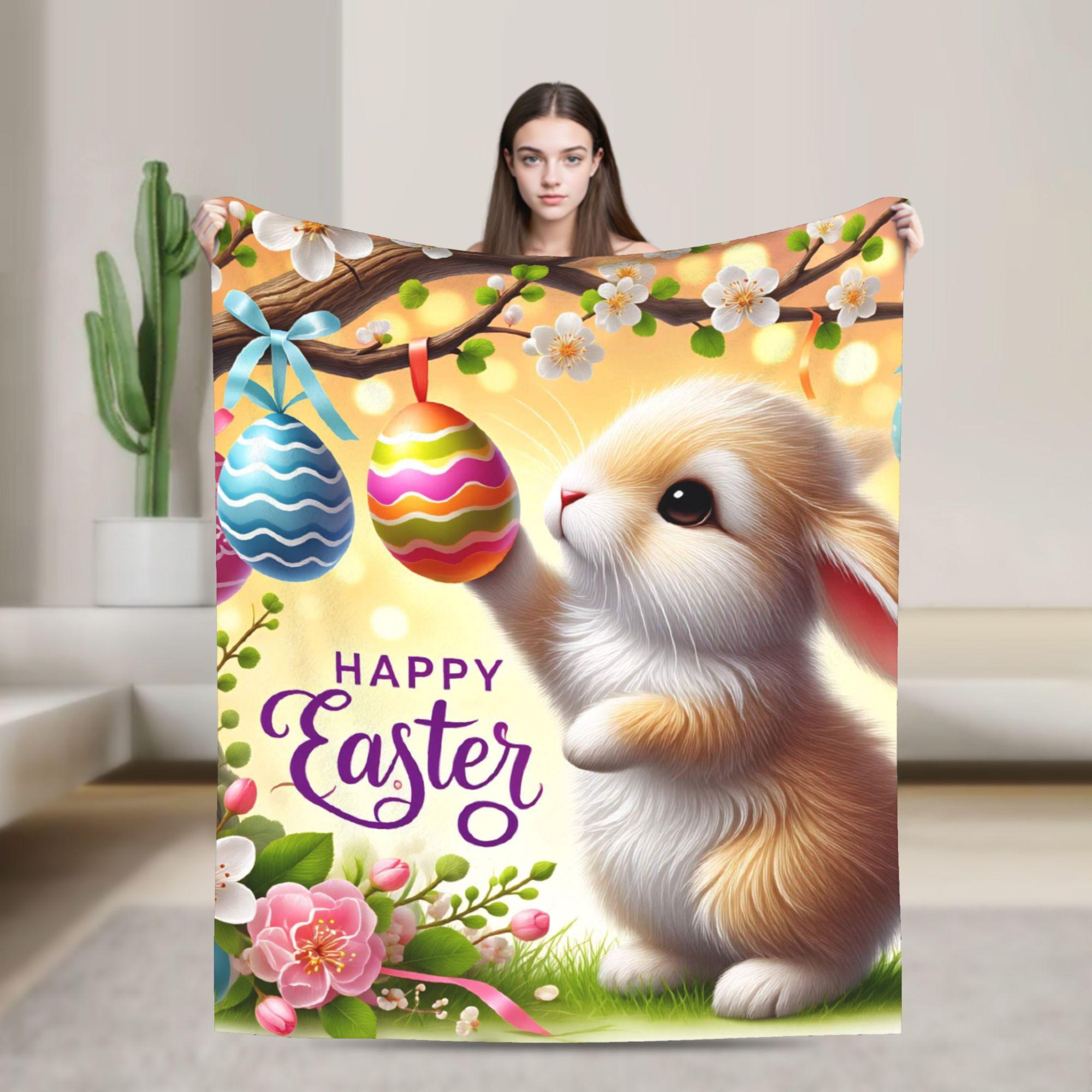 

Easter Bunny Floral Patter Comfortable Blanket Casual Travel Throw Blanket Outdoor Flannel Bedspread Sofa Bed Cover 75x100cm