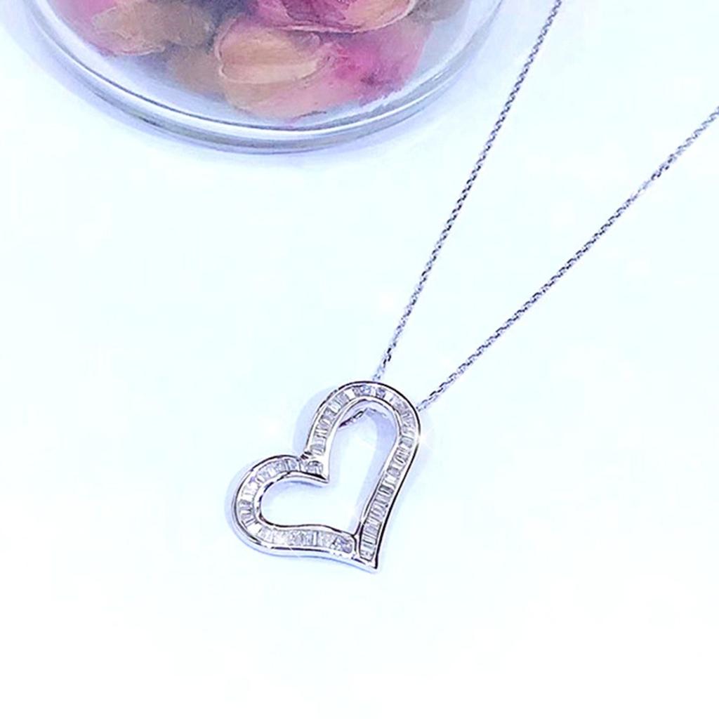 Baguette Cut Hollow Heart Pendant Necklace for Women