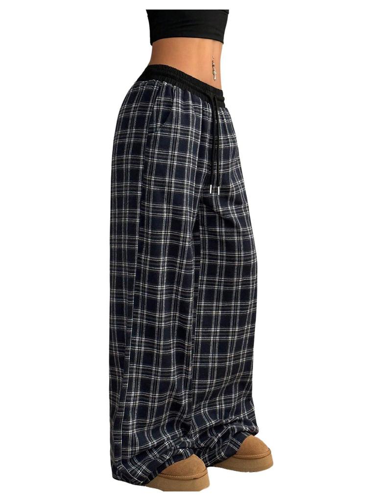 2025 Plaid Patchwork High Waist Straight-Leg Casual Pants