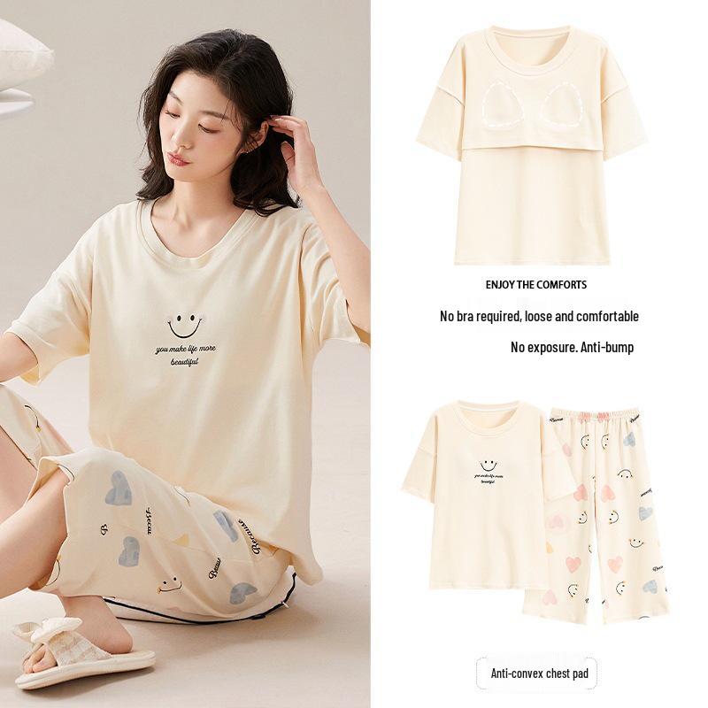 2025 Women's Summer Capri Pajama Set: Short-Sleeve, Thin Cotton with Breast Pads, Versatile for Home or Outside Wear