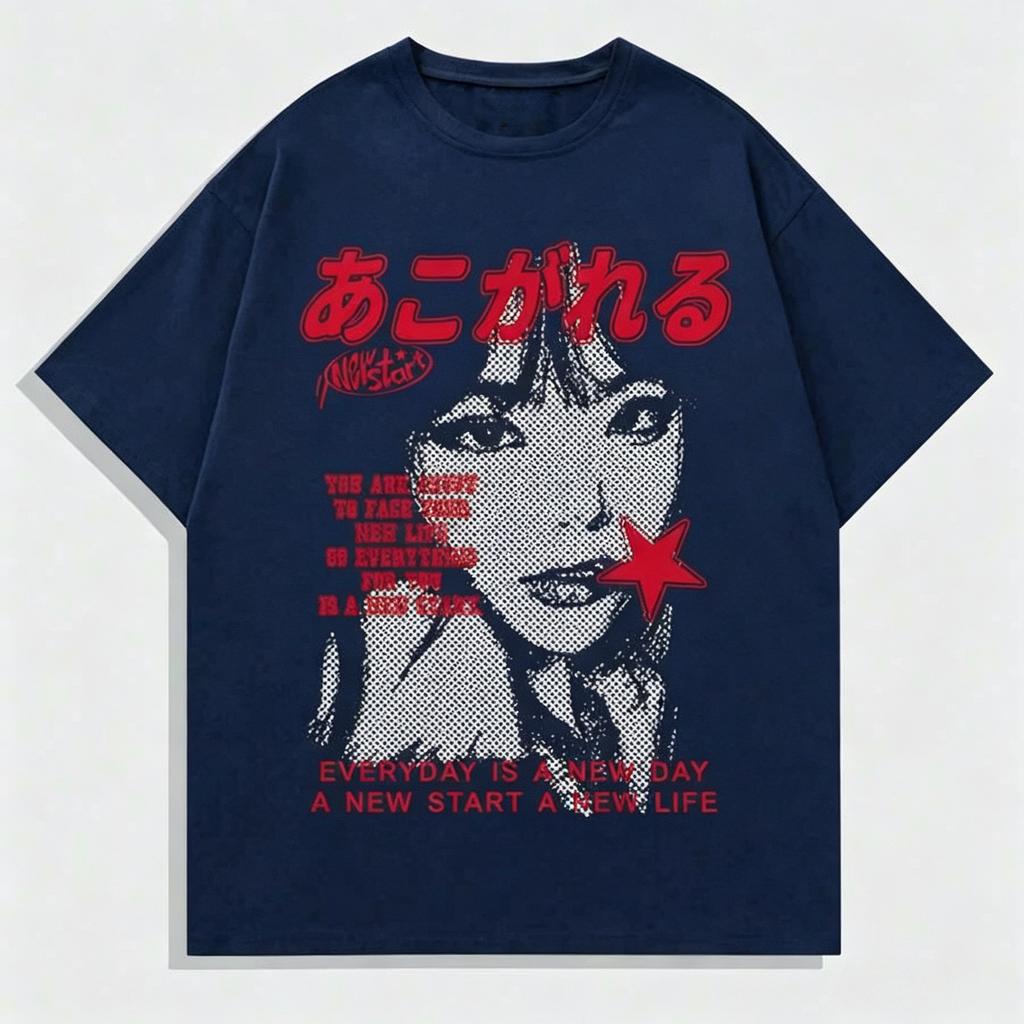 Halftone Girl Portrait Red Star Japanese Text Print T Shirt Y2k Punk Harajuku Unisex Oversized Graphic Short Sleeve Tee