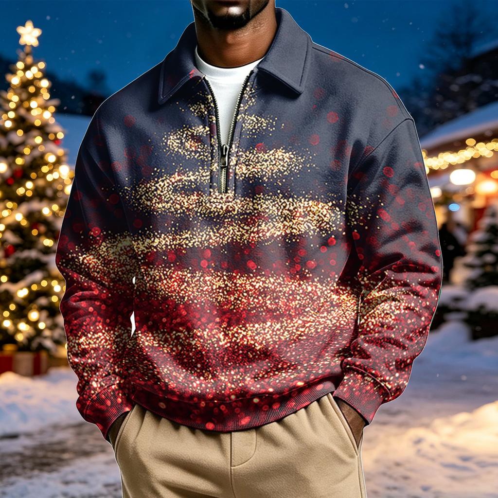 Men's Casual Christmas Print Collared Long Sleeve Pullover Sweatshirt