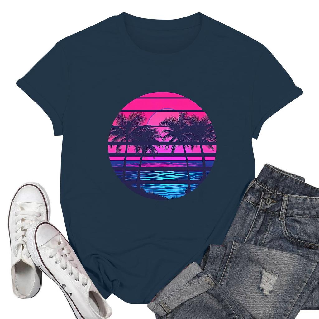 Women's Fashion Casual Printed Short Sleeve Round Neck Pullover Tops