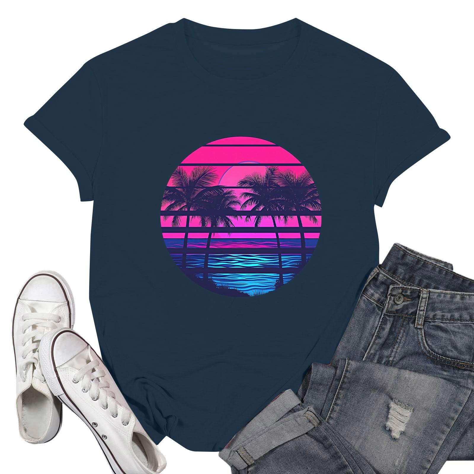 

Женские модные повседневные пуловеры с короткими рукавами и круглым вырезом с принтом XL тёмно-синий