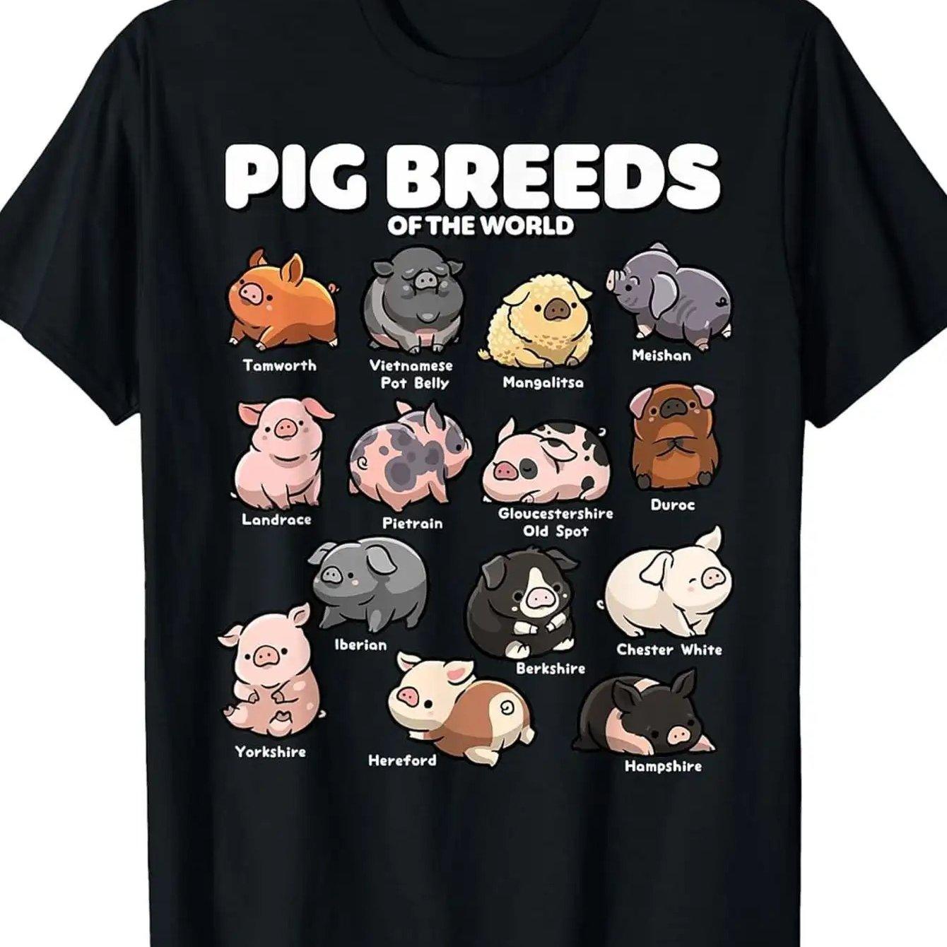 Pig Breeds of the World Graphic Tee Men Cotton Casual Farm Animal Illustrations T-Shirt 4XL