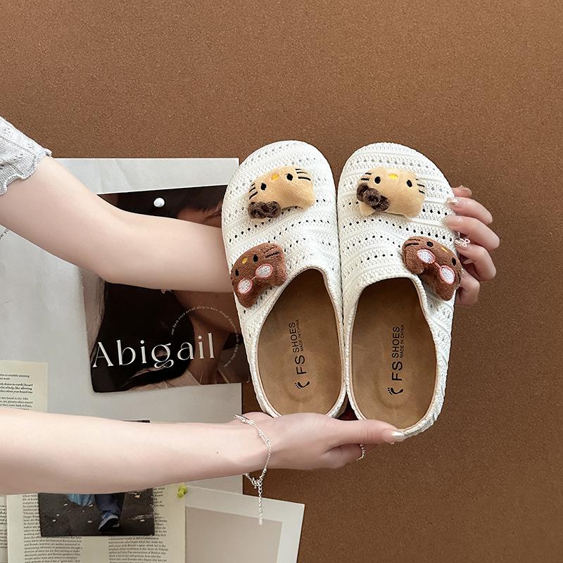 

Fashion cute cartoon cat bag head half slippers women s summer wear new retro hollow sandals platform sandals 40 бежевый