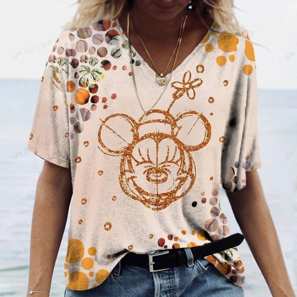 New Women Disney Mickey Mouse Print Vintage T Shirts Women Tops V Neck Pullovers Casual Streetwear Short Sleeve Tops Summer