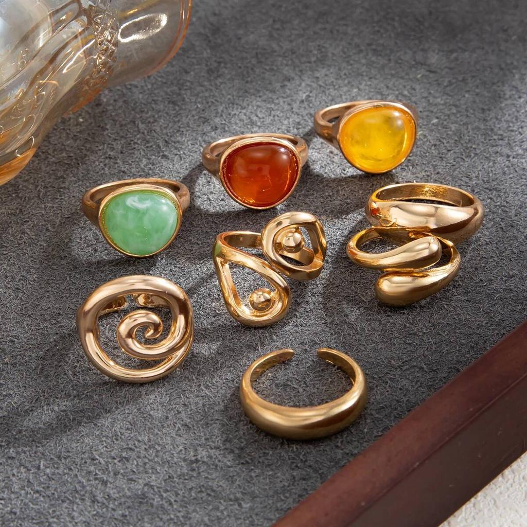 Salircon 8Pcs/Set Boho Colorful Acrylic Resin Rings for Women Exquisite Irregular Stackable Adjustable Opening Ring Jewelry Gift