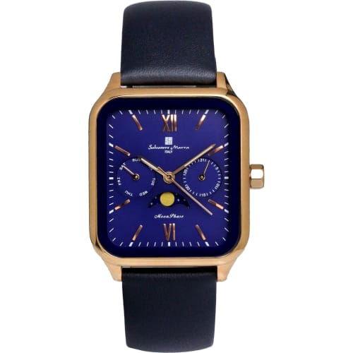 Salvatore Marra Men's Square Moon Phase Watch with Multi-Calendar, Water Resistant, Leather Strap, Limited Edition, Pink Gold and Blue, SM24112-PGBLLE