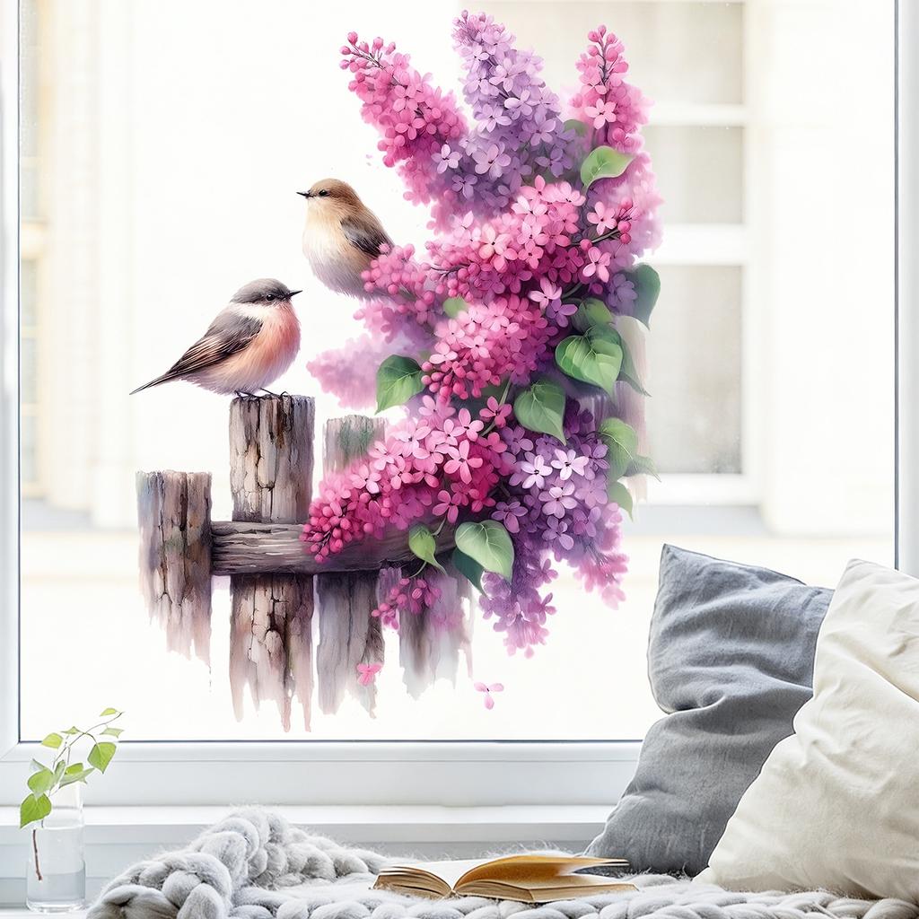 Serene Purple Floral Perched Bird Window Sticker Self-Adhesive Removable Living Room Bedroom Kitchen Office Home Decor Art