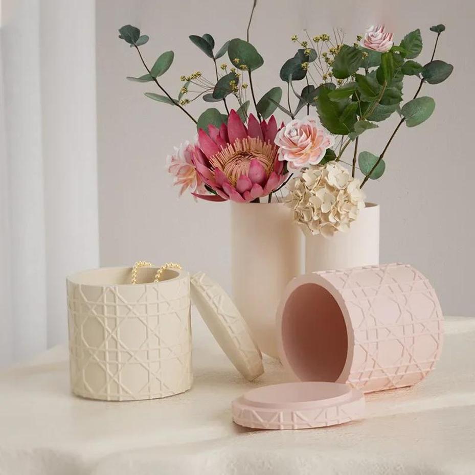 1 Pcs DIY Candle Cup Mold Flower Pot Ceramic Mold Rattan Pattern Storage Box With Lid Silicone Mold Jar Bottle Plaster