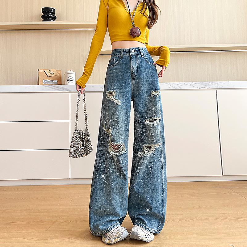 Starry Sky Rhinestone Ripped Floor-Length Jeans for Women