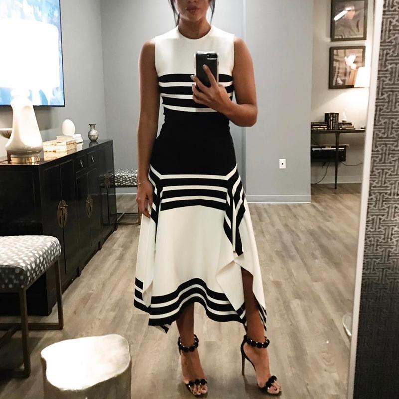 Elegant Summer Sleeveless Striped Patchwork Dress: Black & White Casual Round Neck