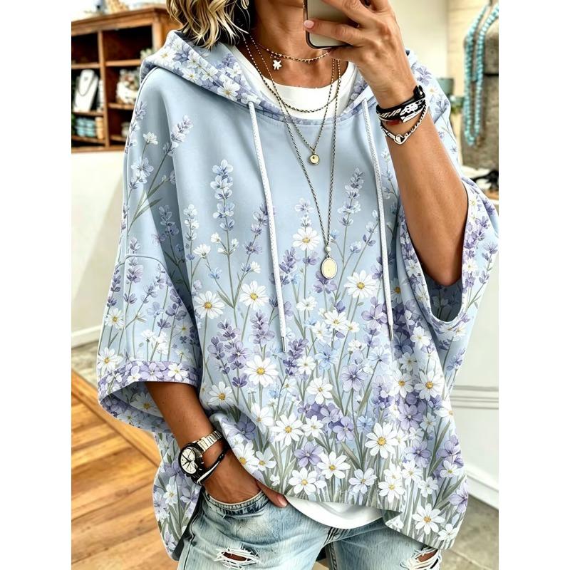 Damen Kapuzenpullover mit Dreiviertelärm, locker, Retro-Blumenmuster, lässiges Urlaubs-Top