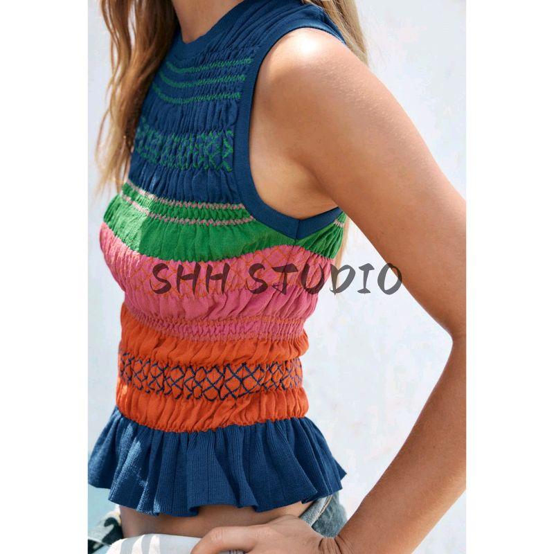 New Fall Women's Clothing Rainbow Stripes Honeycomb Fashion Sleeveless Casual Knitting Vest Tops 5802100