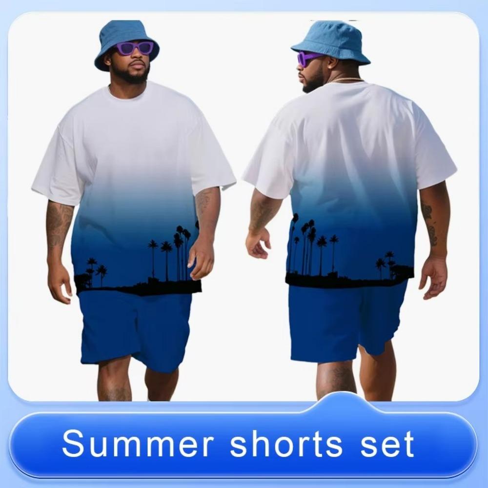 Summer men's short-sleeved short pants set with digital prints breathable and