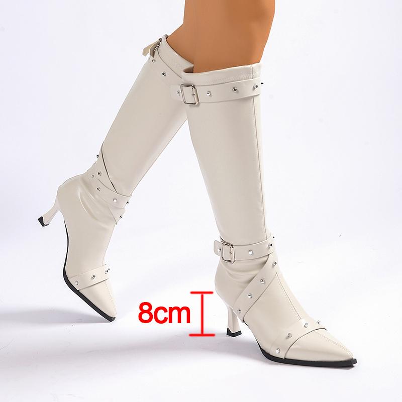Fashion Stiletto High Heels Women Knee High Boots Sexy Point Toe Night Club Party Shoes Woman Rivet Buckle PU Leather Long Boots