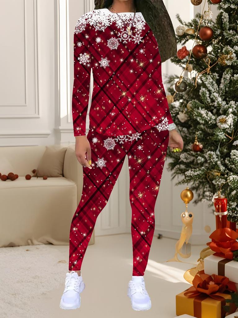 Damen Weihnachts-Print 2-teiliges Outfit: Langarmshirt mit Rundhalsausschnitt und Hose, limitiertes Freizeit-Party-Geschenkset