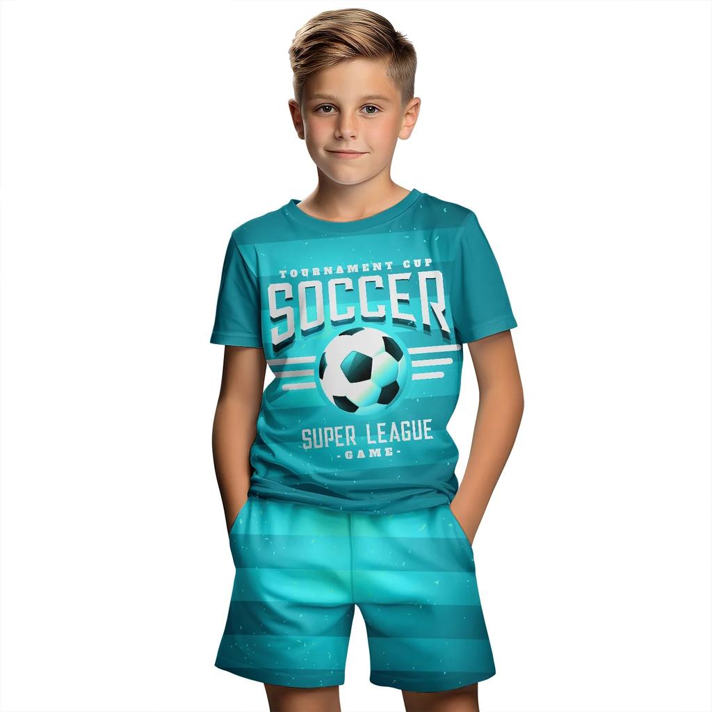 New 3D Football Printed Children's Sleeved Shorts Set Children's 2-piece Set Outdoor Casual Set