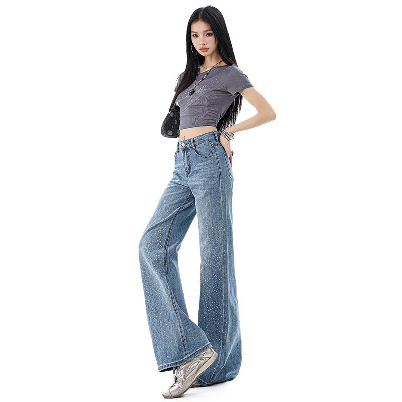 Spring Summer High Waist Stretch Rhinestone Minimal Slim Floor Wide Leg Denim Pants For Women Casual Pants Oversize Denim Trousers