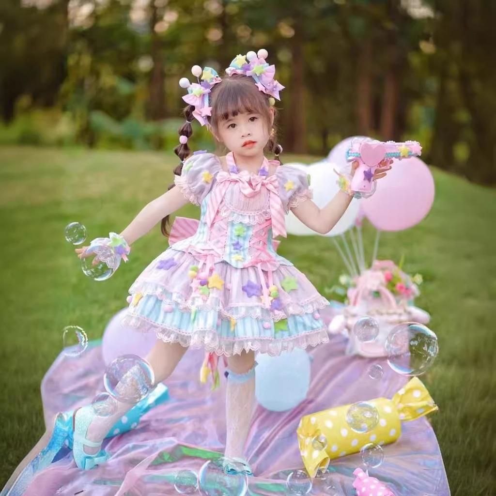 Vestido de Baile Lolita de Verano sin Espalda Niñas Niños Princesa Raya Ropa Infantil Lazo