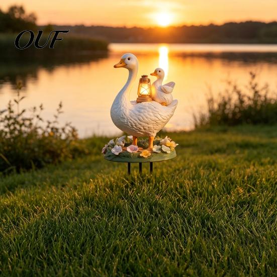 Outdoor Lawn Ornament Decorative Acrylic Duck Ground Stake for Garden Decor, Weather Resistant 2D Flat Parent Sign And Child Yard with Metal
