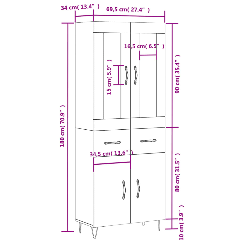 Highboard White 69.5 x 34 x 180 cm Particleboard