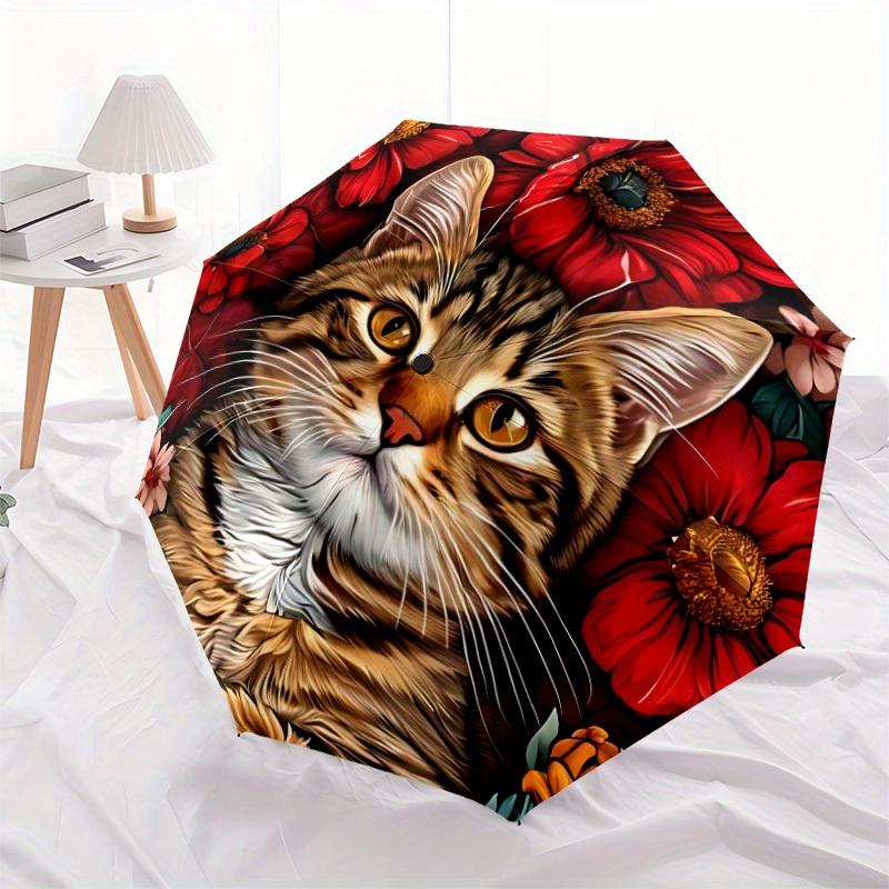 1pc Cute Cat Floral Print Automatic Open/Close Folding Umbrella - Compact Portable Travel Umbrella with 8-Rib Durable Frame, V