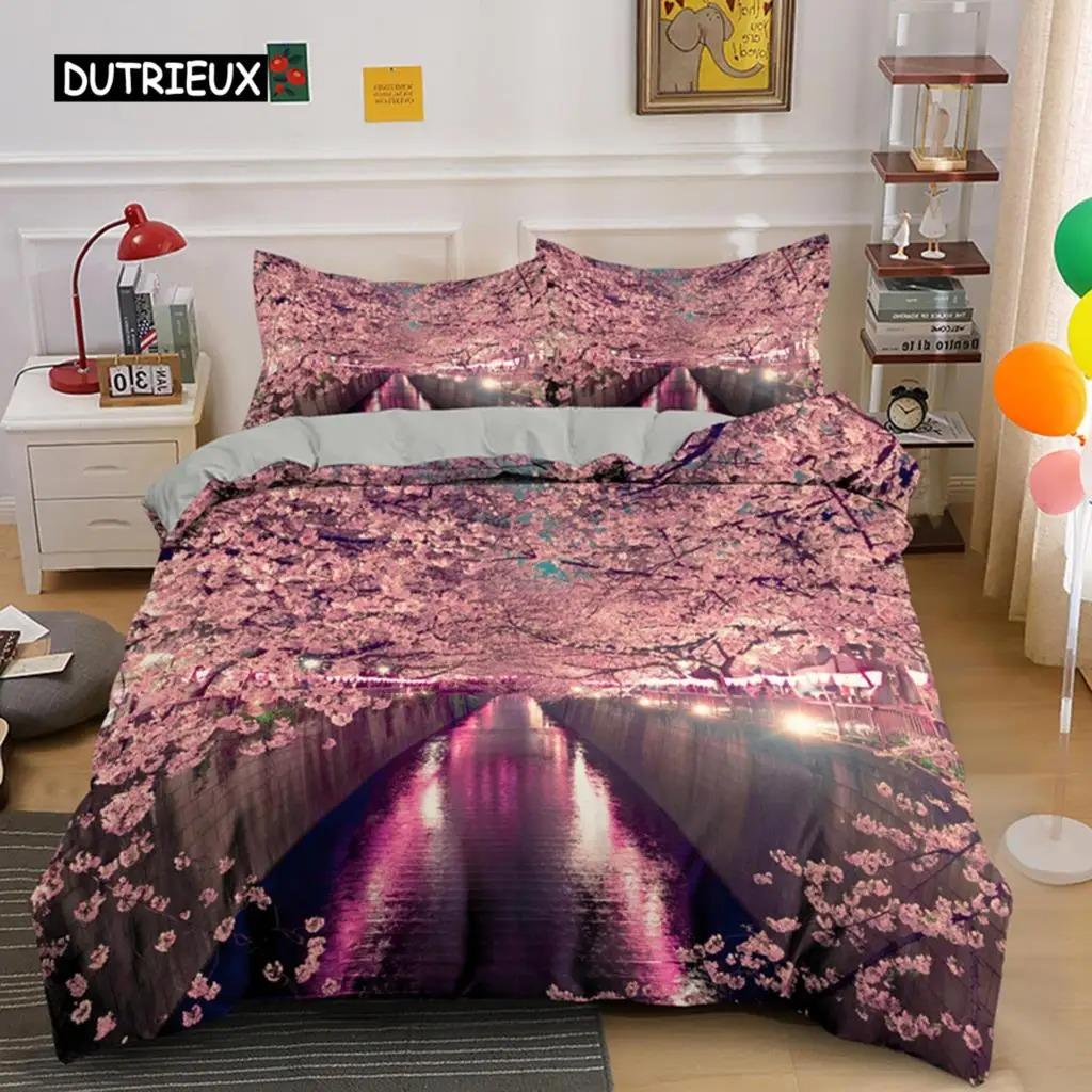 Erik Çiçeği Nevresim Takımı King Pembe Çiçekli Kız Çocuklar İçin Mikrofiber Dallı Baskılı Yatak Örtüsü Takımı