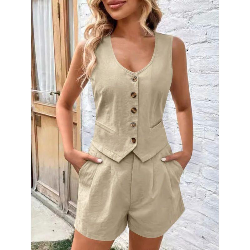 Solid Color V-neck Sleeveless Casual Suit Solid Color and V-neck Sleeveless Casual Suit