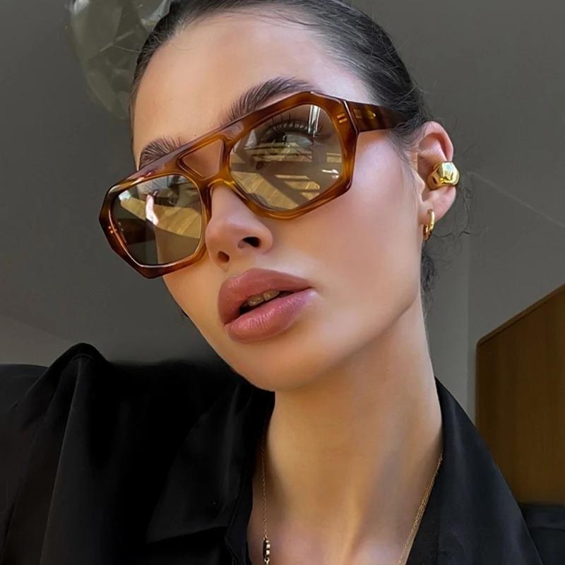Vintage Square Sunglasses for Women Men Thick Frame Double Bridges Eyewear Female Fashion Chic Polygon Sun Glasses Leopard Blue