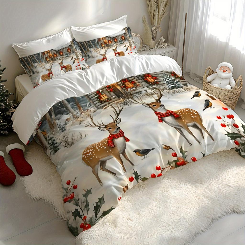 2/3pcs Christmas Santa Claus Sleigh Reindeer Snowman Snowflake Gift Pattern 3D Super Soft Brushed Digital Duvet Cover Set