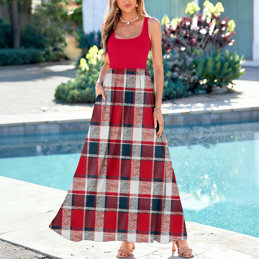 Ladies' Plaid Printed Summer Casual and Fashionable Sleeveless Long Dress