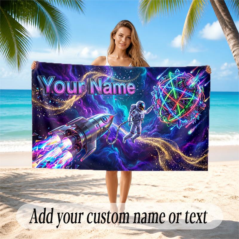 Astronaut Space Theme Quick Dry Beach Towel Custom Name Text Print Large Sand Resistant Towel Beach Vacation