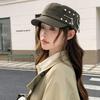 Personalized Rivet Zipper PU Leather Newsboy Hat Female, Retro Locomotive Style Octagonal Cap Autumn and Winter Tide Cool