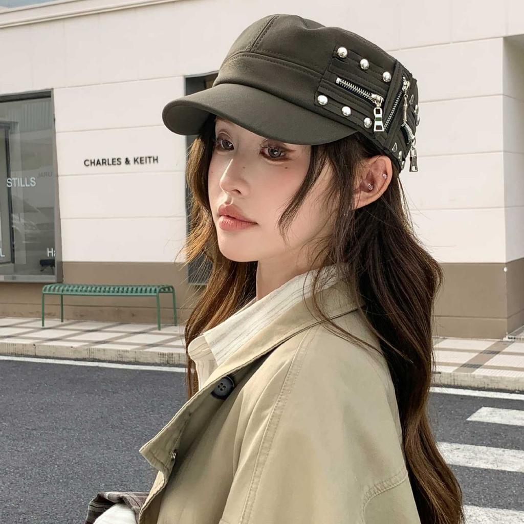 Personalized Rivet Zipper PU Leather Newsboy Hat Female, Retro Locomotive Style Octagonal Cap Autumn and Winter Tide Cool