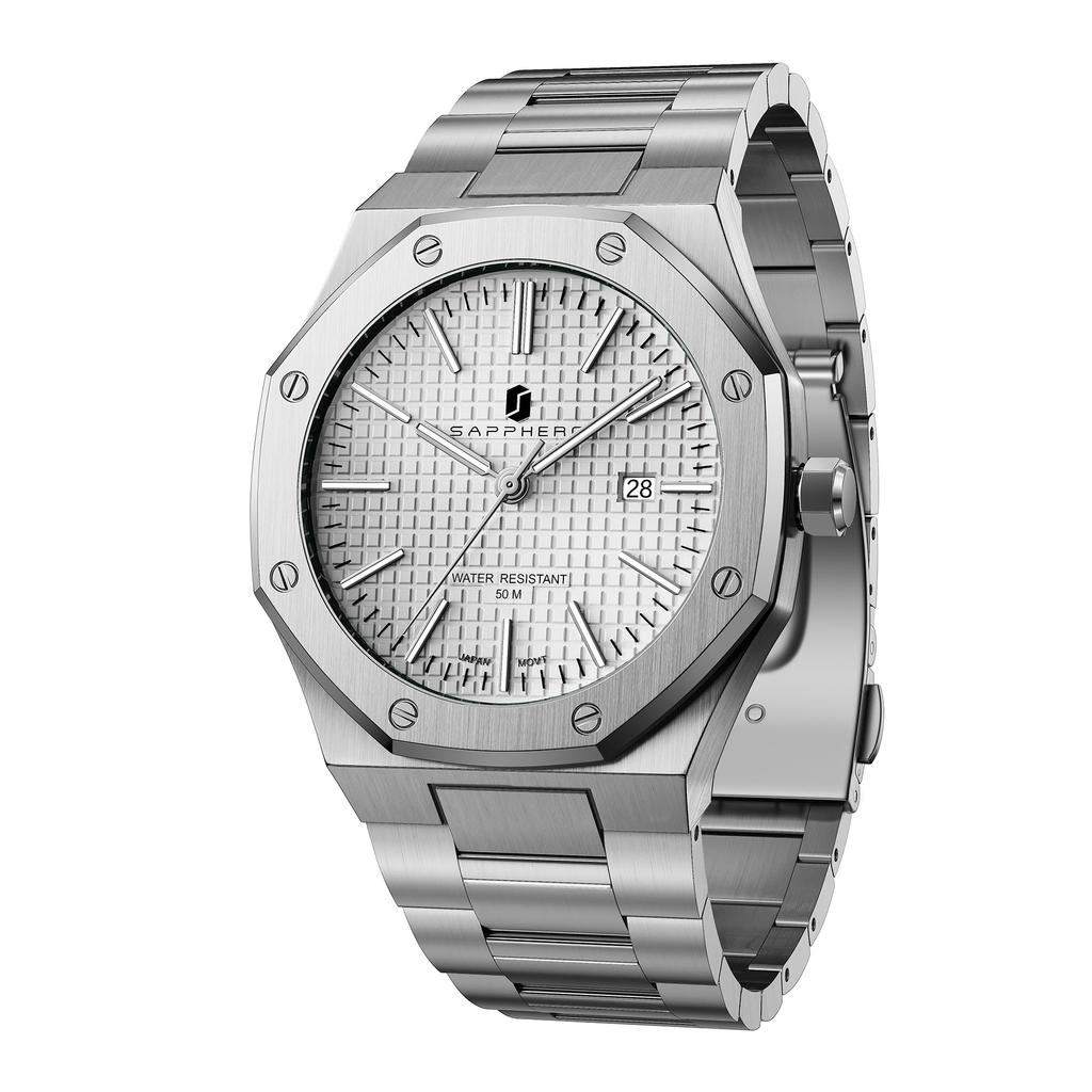 SAPPHERO Men's Chronograph Stainless Steel Watch, 50M Water Resistant, Stylish, Quartz Analog, Date Display, Gift, Silver & White