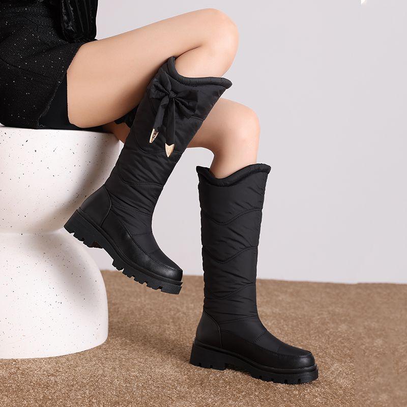 Winter Snow Shoes Round Toe Thick Heels 5cm Slip On Bowknot Waterproof Plush Warm Knee High Bota Big Size 43 44