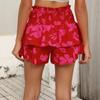 Women Floral Print Ruffle Hem Elastic Waist Layered Casual Shorts
