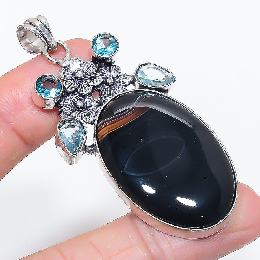 

Натуральный полосатый агат, Топаз 925 стерлинговое серебро Ювелирная подвеска 2,64 p2b65