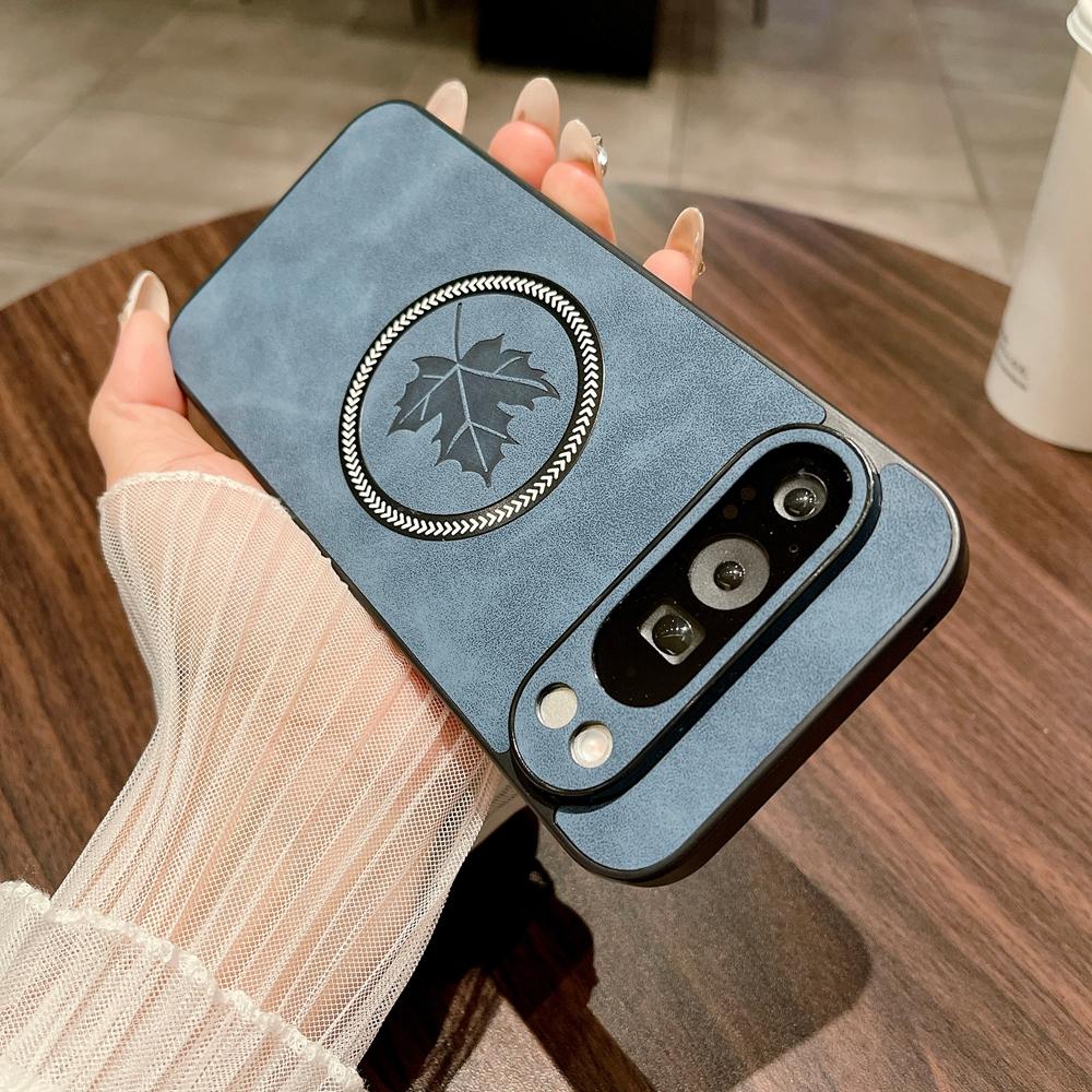 Custodia protettiva in pelle vintage da uomo con cordino per Google Pixel 10 9 8 7A Pro XL Ricarica magnetica Custodia con motivo a foglie d'acero