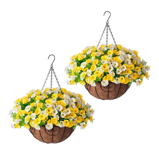 Artificial Hanging Fake Flowers with Basket Outdoor UV Resistant Faux Silk Morning Glory Vines Plants for Porch Patio Garden Balcony Yard Spring
