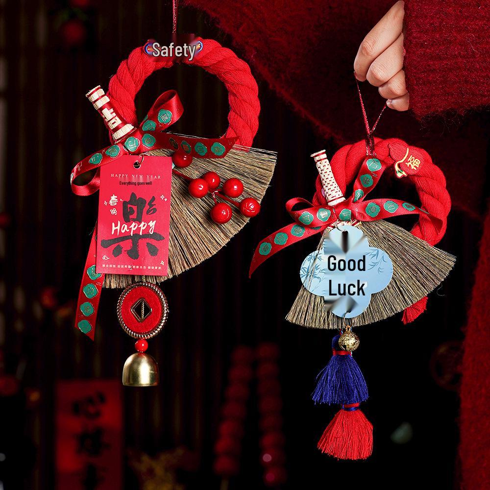 Festive Door Handle Broom Ornament with Bells - Auspicious Hanging Decoration for Housewarming and Entryway.