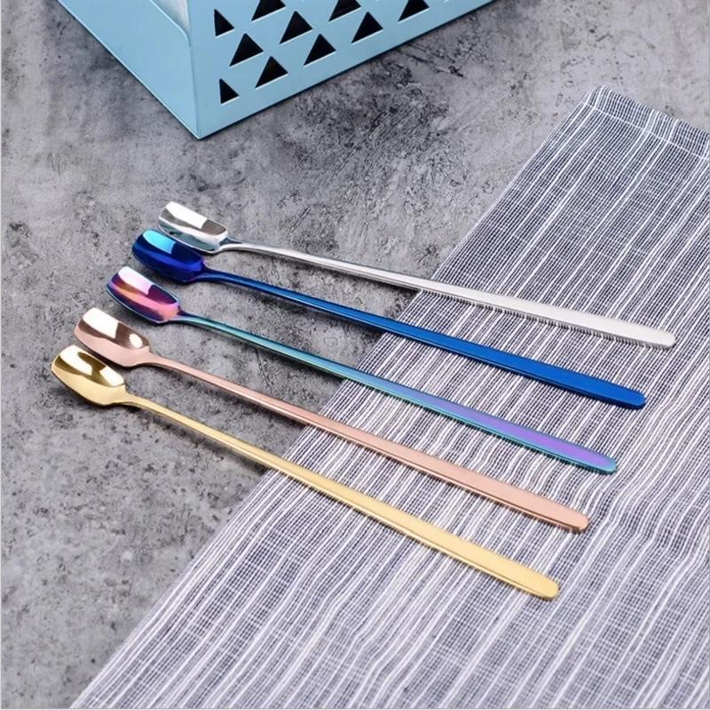 Colorful Spoon Long Handle Spoons Flatware Coffee Drinking Tools Kitchen Gadget Stainless Steel Flatware Cutlery Mini Dessert